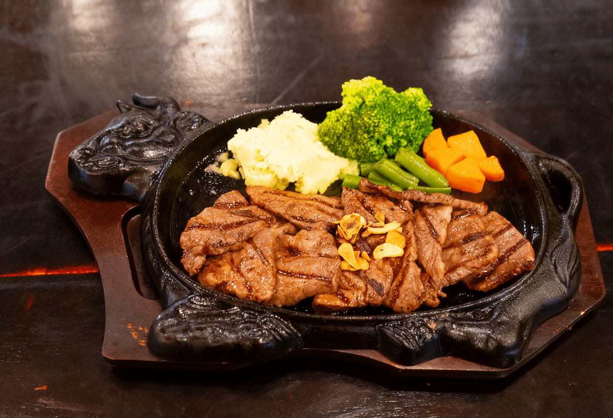 Wagyu Hamburger Steak with Grilled Salmon